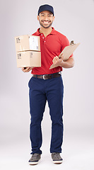 Image showing Happy asian man, portrait and box in delivery with clipboard for checklist against a white studio background. Male person smile in supply chain for courier service, parcel or package and logistics