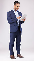 Image showing Happy asian man, business and tablet in studio for online planning, data trading and internet info on white background. Corporate trader, digital technology and network connection for app on website