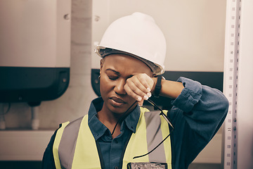 Image showing Burnout, engineer and black woman with fatigue, headache and stress with health issue, helmet and overworked. Female person, exhausted employee and architect with medical issue, painful and tired