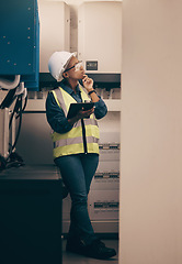 Image showing Technician, black woman or thinking on tablet, planning solution or electrical maintenance in control room. Female electrician, digital technology or ideas of industrial power, engineering or service