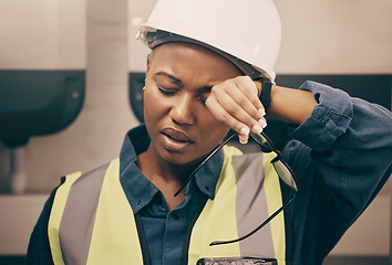 Image showing Tired, engineer and black woman with fatigue, headache and deadline with health issue, burnout and overworked. Female person, exhausted employee and architect with a helmet, medical issue and stress