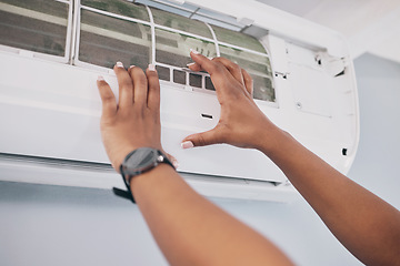 Image showing Hands of person, technician and ac repair for electrical system, fan maintenance and labor. Closeup of mechanic, electrician and engineering services to fix aircon, hvac and air conditioning machine