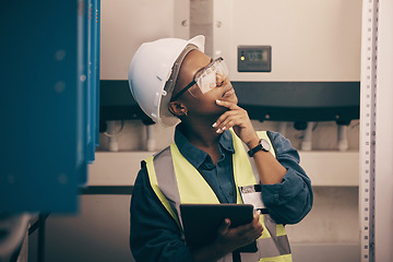 Image showing Engineering, black woman or thinking on tablet, planning solution or machine maintenance in control room. Female technician, digital technology or ideas of industrial power, energy analysis or system