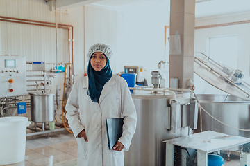 Image showing Arab business woman visiting a cheese factory. The concept of investing in small businesses