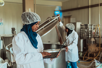 Image showing Arab business partners checking the quality of cheese in the industry and enter data into a laptop. Small business concept