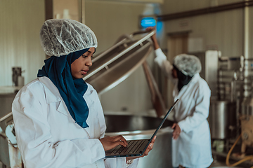 Image showing Arab business partners checking the quality of cheese in the industry and enter data into a laptop. Small business concept