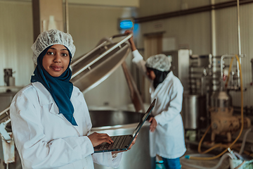 Image showing Arab business partners checking the quality of cheese in the industry and enter data into a laptop. Small business concept