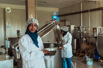 Image showing Arab business partners checking the quality of cheese in the industry and enter data into a laptop. Small business concept