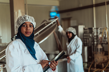 Image showing Arab business partners checking the quality of cheese in the industry and enter data into a laptop. Small business concept