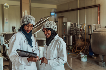 Image showing Arab business partners checking the quality of cheese in the industry and enter data into a laptop. Small business concept