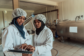 Image showing Arab business partners checking the quality of cheese in the industry and enter data into a laptop. Small business concept