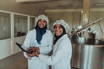 Image showing Arab business partners checking the quality of cheese in the industry and enter data into a laptop. Small business concept