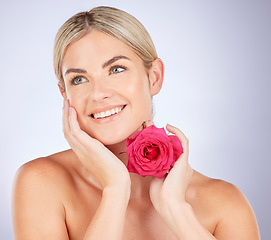 Image showing Skincare face, studio flower or happy woman with eco friendly product, organic beauty or natural cosmetics. Floral, sustainable dermatology or makeup person with self love rose on white background