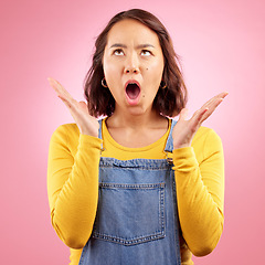 Image showing Surprise, news and asian woman with wow face in studio for deal, offer or promo on pink background. Omg, wtf and Japanese lady with open mouth shock emoji for coming soon, discount or sign up sale