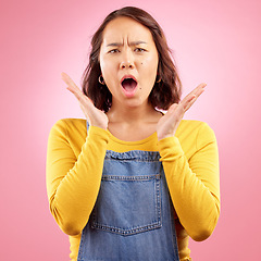 Image showing Wow, portrait and surprise, woman in studio with shocked face for deal announcement, sale or promo on pink background. Excited facial expression, gesture or emoji for asian girl in casual fashion.