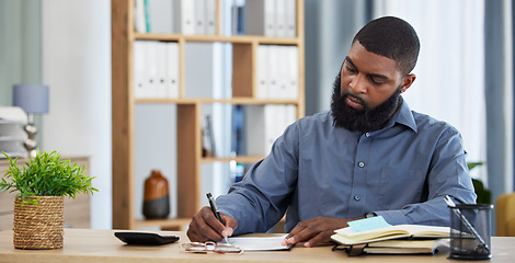 Image showing Working, black man and planning finance or budget with documents or writing on paper, checklist or accounting in home. Tax, audit or businessman with remote work in office with financial accountant