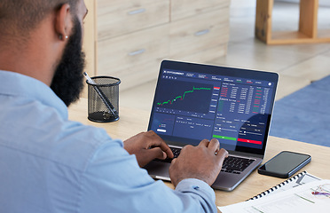 Image showing Laptop, finance and stock market with a man broker working in his office for trading investment or growth. Computer, financial and economy with a male trader banking or accounting in the workplace