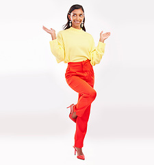 Image showing Happy, fashion and Indian woman with surprise in studio with confidence, happiness and pride. Professional, business and excited female person in trendy clothes, style and clothes on white background