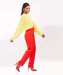 Image showing Happy, fashion and Indian woman with pose in studio with confidence, happiness and pride. Professional, business and portrait of female person in trendy clothes, style and outfit on white background