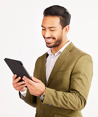 Image showing Asian man, business and tablet in studio for online planning, stock market research and internet info on white background. Happy trader, digital technology and network connection for app on website