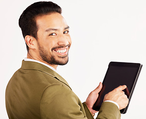 Image showing Portrait, business man and tablet mockup on screen in studio, white background or search stock market trading information. Face of happy asian trader, digital technology or internet space of app data