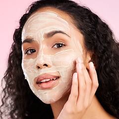 Image showing Beauty, facial and portrait of woman with mask for wellness, skincare treatment and cosmetics in studio. Dermatology, salon aesthetic and female person with cream for detox, face hygiene and cleaning