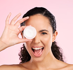 Image showing Skincare, face and excited woman with cream container in studio isolated on pink background. Portrait, natural and happy model with moisturizer, sunscreen cosmetic or dermatology product for wellness