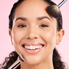 Image showing Foundation, makeup and brush with portrait of woman in studio for beauty, cosmetics and facial. Skincare, health and self care with female model on pink background for dermatology, glow and product