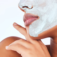 Image showing Detox, skincare and facial with closeup of woman in studio for spa treatment, cosmetics and dermatology. Self care, beauty and product with face of female model on background for clay mask and glow