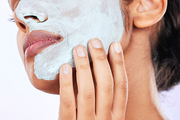 Image showing Beauty, skincare and facial with closeup of woman in studio for spa treatment, cosmetics and dermatology. Self care, detox and product with face of female model on background for clay mask and glow
