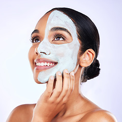 Image showing Smile, face mask and woman in studio with skincare, results and dermatology wellness on grey background. Facial, comparison and female with half beauty, routine and clay product for skin exfoliation