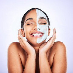 Image showing Face mask, smile and woman in studio with skincare, results and dermatology wellness on grey background. Facial, comparison and female with half beauty, routine and clay product for skin exfoliation