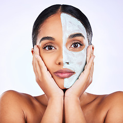 Image showing Face mask, portrait and woman in studio skincare, half and cosmetic treatment on grey background. Facial, dermatology and lady wellness model with cream, comparison or result, beauty and satisfaction