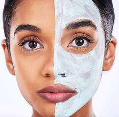 Image showing Skincare, portrait and woman in studio with facial, half and cosmetic treatment or dermatology. Face, mask and Indian female wellness model with cream, comparison or result, beauty and satisfaction