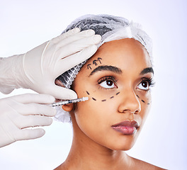 Image showing Plastic surgery, spa and injection with face of woman in studio for hyaluronic acid, skincare and collagen. Beauty treatment, medical and cosmetics with person on white background for facial filler