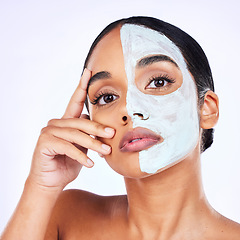 Image showing Portrait, skincare and woman in studio with facial, half and cosmetic treatment on grey background. Face, mask and and female wellness model with cream, comparison or result, beauty and satisfaction