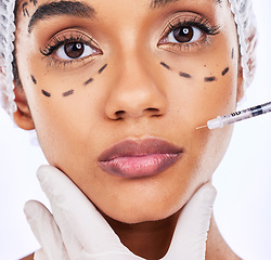 Image showing Plastic surgery, beauty and injection with portrait of woman in studio for lip filler, skincare and collagen. Spa treatment, medical and cosmetics with face of person on white background for facial