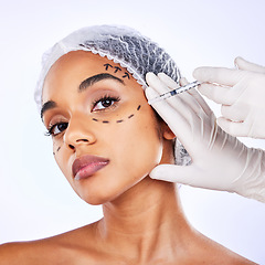 Image showing Plastic surgery, collagen and injection with portrait of woman in studio for hyaluronic acid, skincare and beauty. Spa, medical and cosmetics with face of model on white background for facial fillers