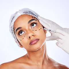 Image showing Plastic surgery, beauty and hyaluronic acid with face of woman in studio for lip filler, skincare or collagen. Spa treatment, medical and cosmetics with model on white background for facial injection