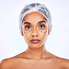 Image showing Plastic surgery, beauty and cosmetics with portrait of woman in studio for lip filler, skincare and collagen. Spa treatment, medical and dermatology with face of person on white background for facial