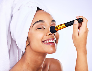 Image showing Smile, beauty and Indian woman with makeup brush in studio for glamour, cosmetic or application on grey background. Happy, tools and female model with nose, powder or contour, self love or results