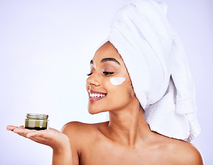 Image showing Skincare, studio face and happy woman with cream container for facial hydration, beauty care or collagen skin glow. Cosmetics lotion product, bathroom or morning treatment person on purple background