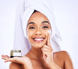 Image showing Beauty shine, portrait or happy woman with cream container for skincare, facial hydration or spa product results. Bathroom cosmetics, face moisturizer or morning treatment person on purple background