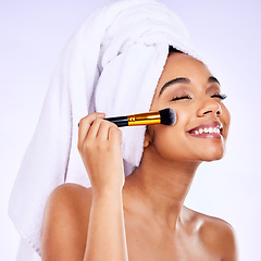 Image showing Beauty, smile and Indian woman with makeup brush studio for glamour, cosmetics and application on grey background. Happy, tools and female model with cheek, powder or foundation, self love or results