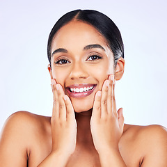 Image showing Portrait, beauty and happy with a model woman in studio on a gray background for natural wellness. Smile, skincare and aesthetic with the face of a young person closeup for luxury or cosmetics