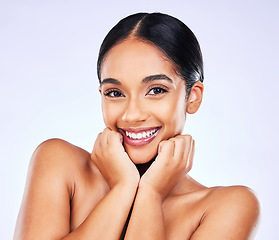 Image showing Portrait, smile and skincare with a model woman in studio on a gray background for natural wellness. Face, beauty and aesthetic with a happy young person posing for luxury cosmetics or dermatology