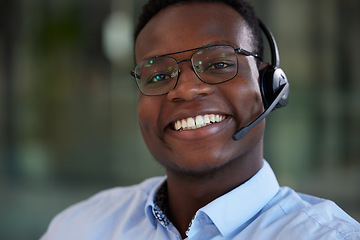 Image showing Portrait, customer service and black man with telemarketing, smile or crm with tech support, business or headphones. Face, male person or consultant with happiness, headset or telecom sales with help