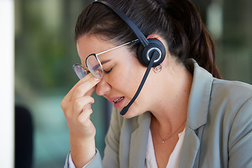 Image showing Customer support, call center burnout or business woman stress over help desk mistake, networking problem or crisis. Mental health, telemarketing fail and depressed insurance agent with headache pain