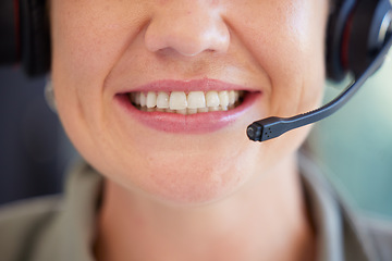 Image showing Call center, woman or mouth of consultant for customer support, microphone or CRM communication. Closeup, face and happy sales agent smile for telemarketing advisory, telecom contact or FAQ questions