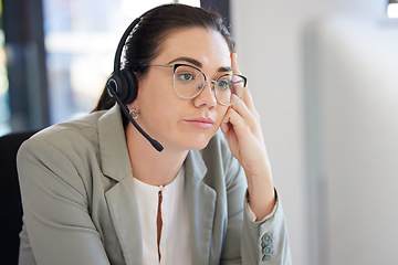 Image showing Customer service, computer and business woman bored with help desk work, networking overtime or telemarketing. Burnout fatigue, technical support and insurance agent tired, depressed and reading info